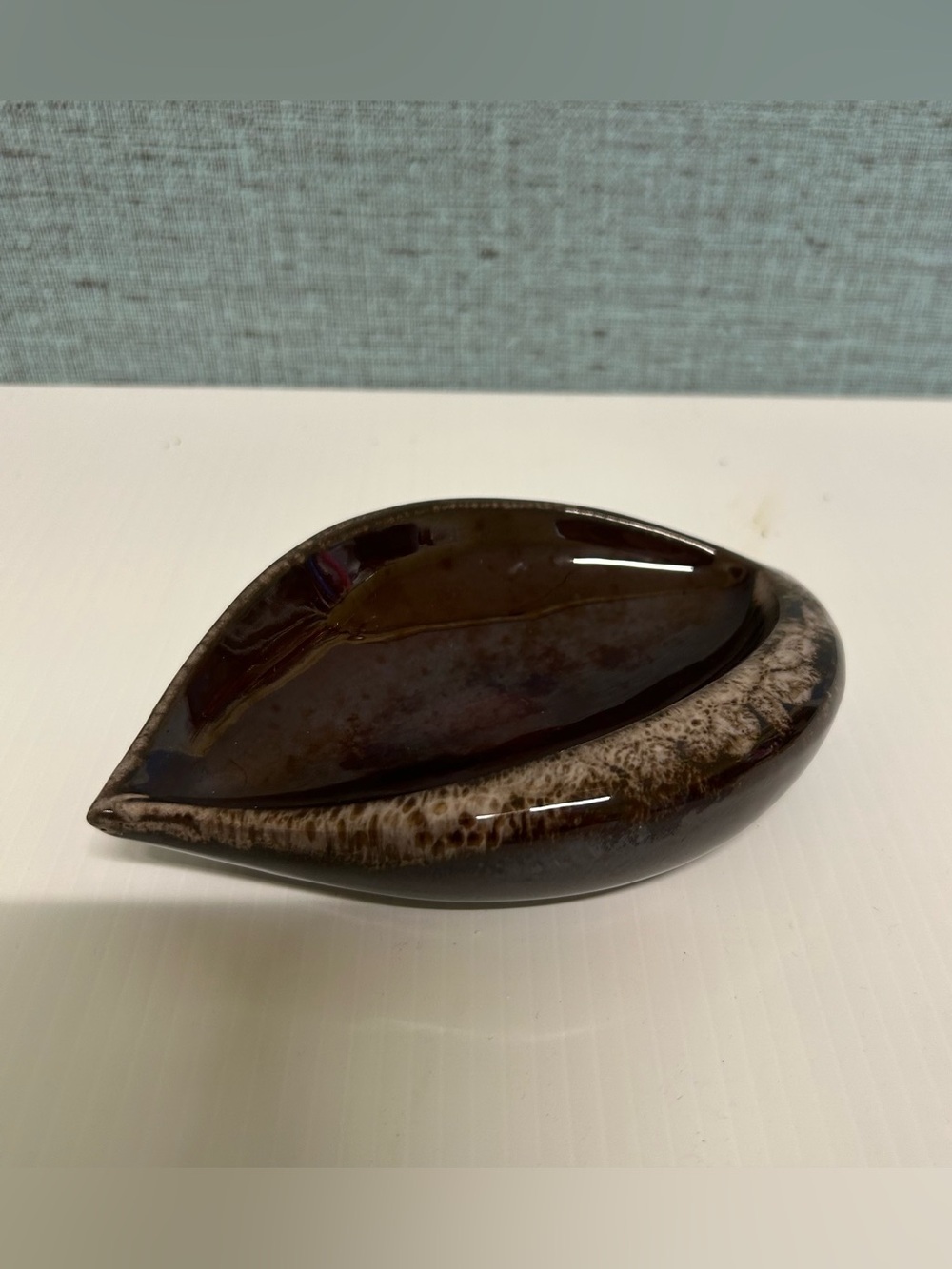 Vintage Evangeline Pottery Canada Brown Drip Glaze Leaf Dish Red Clay Cache Tray